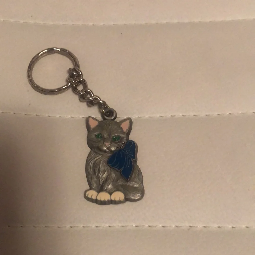 Gray Cat Keychain with Blue Bow